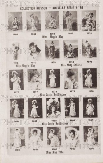 25 portraits of Maggie May, Mary Collette, Jessie Huddlestone and May Yohe, Collection Nilsson - Nouvelle Série, page, photomechanical print, number: 'No 80', c. 1892 - in or before 1897, paper, collotype, photoprint, height 234 mm x width 153 mm, historical persons - BB - woman, A vertical sheet showing a grid of vintage portrait photographs arranged in rows with a printed heading across the top and additional printed names and labels between rows; each small portrait features a woman in period costume or a close portrait with various poses and props, many wearing ornate hats, dresses, or holding fans and parasols, all images rendered in sepia tones; the sheet background is pale and slightly textured, with margins around the grid and faint age spots and slight creases visible.