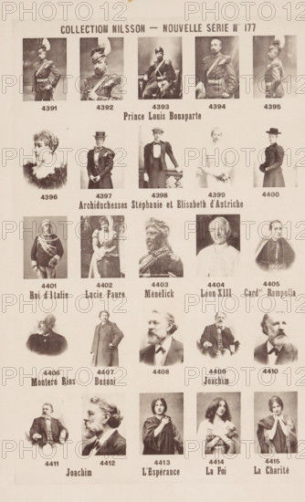 25 portraits of Prince Louis Bonaparte, Archduchesses Stefanie and Elisabeth of Austria, King Umberto I of Italy and others, Collection Nilsson - Nouvelle Série, page, photomechanical print, inscription: 'Prince Louis Bonaparte, Archiduchesses Stéphanie et Elisabeth d'Autriche, Roi d'Italie Lucie Faure Ménélick Léon 1894 - in or before 1899, paper, collotype, photoprint, height 239 mm x width 154 mm, Person, Stefanie of Belgium, Elisabeth Amalie Eugenie in Bavaria (Empress of Austria), Umberto I of Italy, Napoleon Lodewijk Jozef Jérôme Bonaparte, historical persons, historical persons - BB - woman, king, A vertically oriented sheet displays a grid of sepia-toned photographic portraits arranged in rows, featuring men and women in historical attire. The top row shows several uniformed men in profile and three-quarter views wearing decorative helmets and military jackets with sashes and epaulettes. Below are portraits of women in Victorian-style dresses and hats, one seated beside a raili...