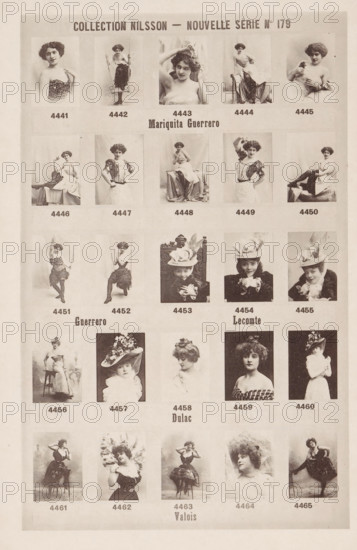 25 portraits of Mariquita Guerrero, Lecomte, Dulac and Valois, Collection Nilsson - Nouvelle Série, page, photomechanical print, number: 'No 179', c. 1894 - in or before 1899, paper, collotype, photoprint, height 237 mm x width 153 mm, historical persons - BB - woman, A sepia-toned page shows a grid of vintage portrait photographs of women arranged in rows and columns, each image framed with a light border. The women wear a mix of dresses, gowns, and hats with feathers or floral decorations, and many pose seated, standing, or leaning with varied expressions and hand gestures. Some portraits show women holding props such as flowers or a swing, while others feature elaborate hairstyles and decorative headwear. The images vary between full-length and close-up views, and a few include draped fabric or ornate chairs in the background. The overall page has a uniform layout with consistent spacing between the portraits and a faded, aged paper texture.
