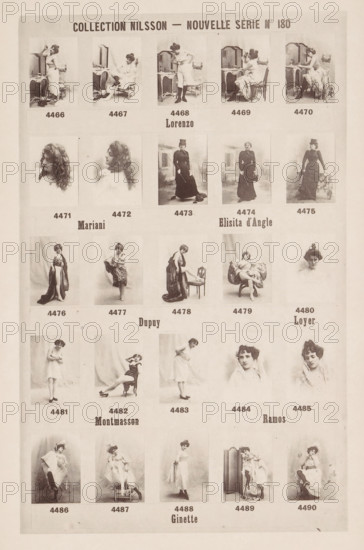25 portraits of Lorenzo, Mariani, Elisita d'Angle, Dupuy, Loyer, Montmasson, Ramos and Ginette, Collection Nilsson - Nouvelle Série, page, photomechanical print, number: 'No 180', c. 1894 - in or before 1899, paper, collotype, photoprint, height 237 mm x width 153 mm, historical persons - BB - woman, A sepia-toned sheet with rows of small photographic portraits and posed full-body images of women arranged in a grid, each image set above a blank space and printed identifier area, showing women in a variety of dresses, skirts, and costumes, some seated at vanity tables, some standing with props such as chairs or parasols, and some in theatrical poses with flowing fabrics; the top of the sheet bears a bold heading, and several names in stylized type appear centered between rows, while the overall page has a narrow border and an aged paper texture.