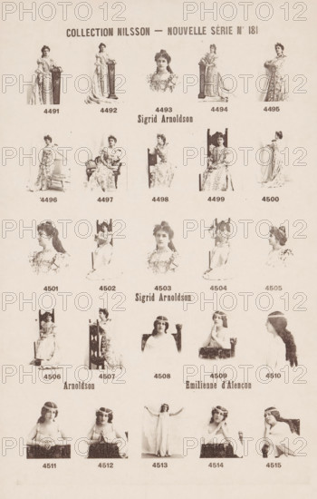 25 portraits of Sigrid Arnoldson and Emilie d'Alençon, Collection Nilsson - Nouvelle Série, page, photomechanical print, number: 'No 181', c. 1894 - in or before 1899, paper, collotype, photoprint, height 239 mm x width 153 mm, Person, Émilienne d' Alençon, Sigrid Arnoldson, historical persons - BB - woman, portrait of actor, actress, portrait of dancer, A sepia-toned print showing a grid of small portrait and full-length photographs of women in period dresses arranged in rows and columns, each image depicting a woman posed either seated on ornate chairs, standing beside decorative pillars, or shown in head-and-shoulders views, with various hairstyles, lace and embroidered gowns, collars, and accessories; the page has a larger centered portrait near the top and a few larger seated portraits in the middle, with the lower section containing images of women in lighter, flowing costumes and some posed with arms raised or resting on a ledge, all images separated by pale margins on a texture...