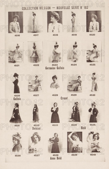 25 portraits of Germaine Gallois, Crozet, Bernier and Anna Held, Collection Nilsson - Nouvelle Série, page, photomechanical print, number: 'No 182', c. 1894 - in or before 1899, paper, collotype, photoprint, height 240 mm x width 155 mm, Person, Anna Held, Germaine Gallois, historical persons - BB - woman, portrait of actor, actress, A vertically oriented sheet showing a grid of sepia-toned portrait and full-body photographs of women arranged in rows, each image framed by a light border and separated by pale margins; the women wear turn-of-the-century dresses and hats with feathers or floral decorations, and several are seated on or leaning against chairs and settees while others stand in profile or face the camera, with varied poses including hands on hips, arms crossed, or holding flowers; the top of the sheet features a larger header area and the central area contains a row with a centered larger portrait, while the lower portion continues the grid with additional portraits and full...