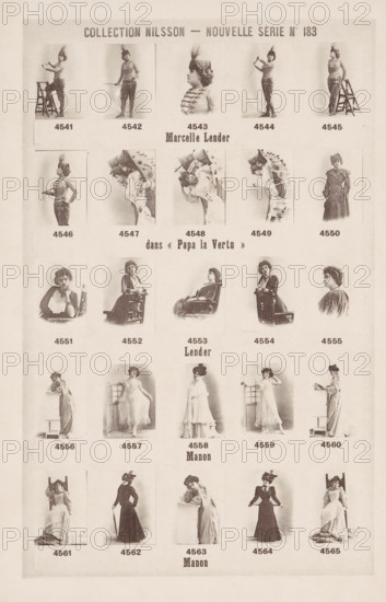 25 portraits of Marcelle Lender and Manon, Collection Nilsson - Nouvelle Série, page, photomechanical print, number: 'No 183', inscription: 'Marcelle Lender, dans &lt, &lt, Papa la Vertu &gt, &gt, Lender, Manon, Manon', c. 1894 - in or before 1899, paper, collotype, photoprint, height 237 mm x width 155 mm, Person, Marcelle Lender, historical persons - BB - woman, portrait of actor, actress, A vertically oriented sheet with rows of small sepia-toned portrait and full-body photographic images arranged in a grid, each showing a woman in period clothing and various poses, some standing, some seated, some leaning on props such as chairs, a ladder, or a small table, and some holding accessories like hats or parasols; the images vary between profile, three-quarter, and frontal views, and several show decorative costume details like ruffles, layered skirts, jackets with ornamental trim, and feathered headwear; the sheet has lighter margins and a faint textured background.