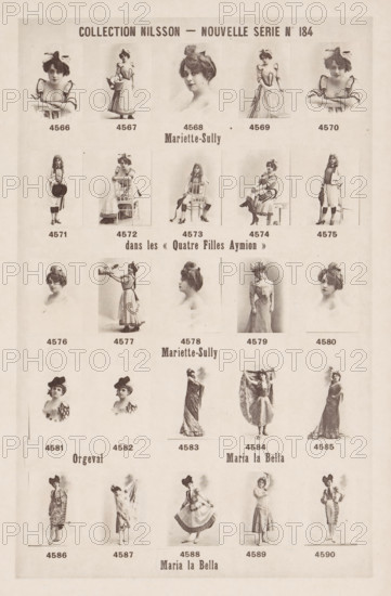25 portraits of Mariette-Sully, Orgeval and Maria la Bella, Collection Nilsson - Nouvelle Série, page, photomechanical print, number: 'No 184', inscription: 'Mariette-Sully, dans les &lt, &lt, Quatre Filles Aymion &gt, &gt, Mariette-Sully, Orgeval Maria la Bella, Maria la Bella', c. 1894 - in or before 1899, paper, collotype, photoprint, height 237 mm x width 155 mm, Person, Mariette Sully, historical persons - BB - woman, portrait of artiste (dancer, actor, etc.), The image shows a sepia-toned poster with rows of small portrait and full-body photographs of women in vintage dresses and hats, each photo placed in a rectangular frame and arranged in a grid across the page, with several different poses including seated, standing, and leaning, and some women shown holding props such as chairs or fabric; the women wear hairstyles of the period and dresses with decorative details like ruffles, bows, and layered skirts, and the overall background is a plain light tone with faint aging marks a...