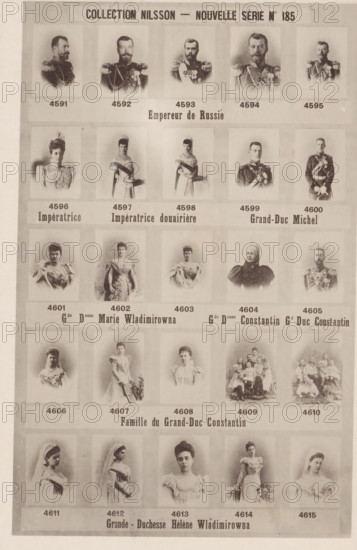 25 portraits of Nicholas II of Russia, Yelena Vladimirovna Romanov and others, Collection Nilsson - Nouvelle Série, page, photomechanical print, inscription: 'Empereur de Russie, Impératrice Impératrice douairière Grand-Duc Michel, Gde Desse Marie Wladimirowna Gde Desse Constantin Gd Duc Constantin, Famille du Grand-Duc Constantin, Grande-Duchesse Hélène Wladimirowna', number: 'No 185', c. 1894 - in or before 1899, paper, collotype, photoprint, height 239 mm x width 153 mm, Person, Nicholas II Alexandrovich (Tsar of Russia), Helena Vladimirovna of Russia, historical persons - BB - woman, A vertically oriented sepia-toned print showing rows of small portrait photographs arranged in a grid, each portrait set inside a pale rectangular frame with a narrow margin; the portraits feature men and women in formal attire and military uniforms, several wearing medals, epaulettes, sashes, and decorative collars, and several women wearing ornate dresses, tiaras, or veils; the top row shows five mal...