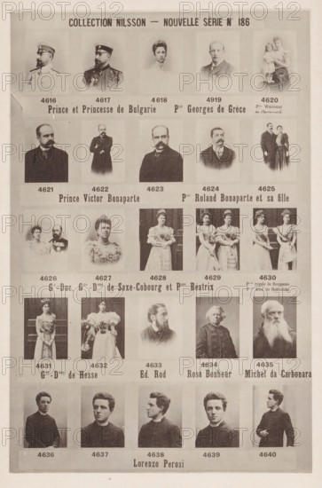 25 portraits of Ferdinand I of Bulgaria, his wife Maria Louisa of Bourbon-Parma and others, Collection Nilsson - Nouvelle Série, page, photomechanical print, inscription: 'Prince et Princesse de Bulgarie Pce George de Grèce Psse Waldemar de Danemark, Prince Victor Bonaparte Pce Roland Bonaparte et sa fille, Gd-Duc, Gde Dsse de Saxe-Cobourg et Psse Béatrix Psse royale de Roumanie, Psse Alex. de Hohenlohe, Gde-Dsse de Hesse Ed. Rod Rosa Bonheur Michel da Carbonara, Lorenzo Perosi', number: 'No 186', c. 1894 - in or before 1899, paper, collotype, photoprint, height 239 mm x width 154 mm, Person, Ferdinand I (Tsar of Bulgaria), Marie Louisa of Bourbon-Parma, historical persons, historical persons - BB - woman, A vertically oriented sepia sheet divided into rows of rectangular portrait photographs showing men and women in period clothing, including military uniforms, formal suits, and dresses with decorative details; some portraits show single busts while others show paired figures or a wom...