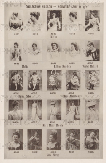 25 portraits of Melba, Lillian Nordica, Violet Millard, Emma Calvé, Rosa Marston, Mary Moore and Jane Pierny, Collection Nilsson - Nouvelle Série, page, photomechanical print, number: 'No 187', c. 1894 - in or before 1899, paper, collotype, photoprint, height 240 mm x width 154 mm, Person, Jane Pierny, historical persons - BB - woman, portrait of opera-singer, A vertically oriented sheet showing a grid of small portrait and full-body photographic images of women arranged in rows; the top row features five seated or bust portraits of women in high-necked dresses and ornate necklaces, the next row shows five head-and-shoulders portraits with shawls and ruffled collars, the third row contains five full-length or seated figures in theatrical or costume dresses with decorative chairs and props, the fourth row displays five portraits and full-length poses of women in elegant gowns and hats, and the bottom visible rows include three-quarter and bust portraits of women wearing styled hair, jew...