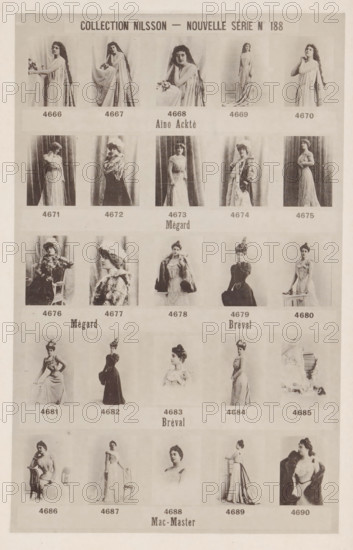 25 portraits of Aïno Ackté, Mégard, Bréval and Mac-Master, Collection Nilsson - Nouvelle Série, page, photomechanical print, number: 'No 188', c. 1894 - in or before 1899, paper, collotype, photoprint, height 240 mm x width 154 mm, Person, Aïno Ackté, historical persons - BB - woman, portrait of opera-singer, A faded poster grid of sepia-toned photographic portraits showing rows of women in period dresses and varied poses, each portrait framed in a rectangular panel against a plain backdrop, with some women seated on chairs and others standing or leaning, many wearing hats or long flowing gowns and some draped in shawls or fur stoles; the portraits display a range of full-length and three-quarter views, with curtains or simple studio backdrops behind them, and the overall sheet has a wide margin and visible aging marks and subtle stains.
