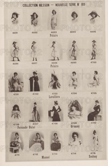 25 portraits of Polaire, Eve Lavallière, Fernande Dulac, Grancey, Manuel and Saulnay, Collection Nilsson - Nouvelle Série, page, photomechanical print, number: 'No 189', c. 1894 - in or before 1899, paper, collotype, photoprint, height 240 mm x width 154 mm, Person, Polaire (Emilie Marie Bouchaud), historical persons - BB - woman, The image shows a vertically oriented sheet with rows of small portrait and full-body photographic prints arranged in a grid, each portrait placed above a blank rectangular label area; the top of the sheet features a bold heading centered across the width, and beneath the heading the first row contains five small framed head-and-shoulders photographs of women with varied hairstyles and headwear, followed by additional rows showing women in different poses and costumes including seated figures, standing figures in dresses with flared skirts, and a mix of close-up and three-quarter views; some images show women wearing hats or decorative headpieces and some sho...
