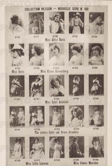 25 portraits of Alice Davis, Elaine Ravensberg, Sybil Arundale, Grace Arundale, Lillie Leverne and Simeta Marsden, Collection Nilsson - Nouvelle Série, page, photomechanical print, number: 'No 190', c. 1894 - in or before 1899, paper, collotype, photoprint, height 240 mm x width 153 mm, Person, historical persons - BB - woman, portrait of actor, actress, A sepia-toned printed sheet showing rows of rectangular photographic portraits and small full-body photos of women in vintage dress, arranged in a grid with pale borders between each image; the women wear a variety of costumes including blouses, dresses with puffed sleeves, hats with feathers or wide brims, and layered skirts, and many poses are three-quarter or profile views while others show seated or standing full-body poses, some holding props like parasols or leaning on small furniture; the photos vary in framing and background textures, and the sheet has a wider blank margin around the outer edge.