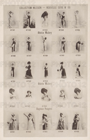 25 portraits of Odette Waléry and Eugénie Fougère, Collection Nilsson - Nouvelle Série, page, photomechanical print, number: 'No 191', c. 1894 - in or before 1899, paper, collotype, photoprint, height 239 mm x width 154 mm, Person, Eugénie Fougère, historical persons - BB - woman, portrait of artiste (dancer, actor, etc.), A faded sheet with a grid of portrait-style photographs arranged in rows and columns, each cell containing a sepia-toned image of a woman in various poses and costumes; the top row shows five standing figures including a central head-and-shoulders portrait with an elaborate hat, the next row features five full-length poses with draped gowns and theatrical gestures, the third row presents five figures in dresses and hats with some seated or holding props, the fourth row displays five head-and-shoulders portraits with similar coiffures and off-the-shoulder dresses, and the bottom rows contain five more full-length images of women in long dresses and period attire, all ...