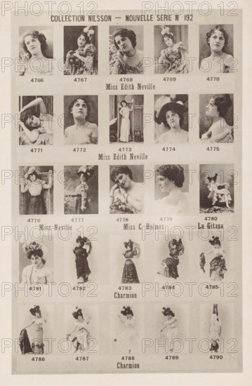 25 portraits of Edith Neville, C. Holmes, La Gitana and Charmion, Collection Nilsson - Nouvelle Série, page, photomechanical print, number: 'No 192', c. 1894 - in or before 1899, paper, collotype, photoprint, height 239 mm x width 154 mm, historical persons - BB - woman, A sepia-toned sheet showing rows of small portrait and full-body photographs of women in vintage clothing, arranged in a grid with narrow borders between images, each woman posed in different costumes and accessories including hats, feathers, ruffles, and floral adornments; the women display a variety of head tilts and facial expressions, with some reclining, some standing, and some looking directly at the camera while others gaze off to the side; the background behind the portraits varies between plain backdrops and simple studio props, and the overall page has a worn, aged paper texture with light stains and slight creases.