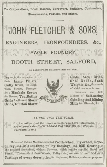The municipal corporations companion, diary, directory, and year-book of statistics, Advertisement photograph, book, publisher: Waterlow & Sons Limited, London, publisher: James William Vickers, compiler (person in literature): John Richard Somers Vine, 1878, compiler (person in literature), pasteboard, biological material, paper, leather, printing, lithography, Woodburytype, color on cut, height 222 mm x width 153 mm x thickness 53 mm, The image shows a vertically oriented vintage printed page with a bordered layout and large heading text across the top and center, followed by multiple smaller blocks of printed text arranged in columns. In the middle area there is a decorative emblem depicting a stylized bird with outstretched wings perched above a ribbon-like banner, flanked by ornamental flourishes. Horizontal rules separate different sections of the page, and the lower portion contains denser paragraphs of smaller printed text. The overall page has a pale, slightly aged background ...