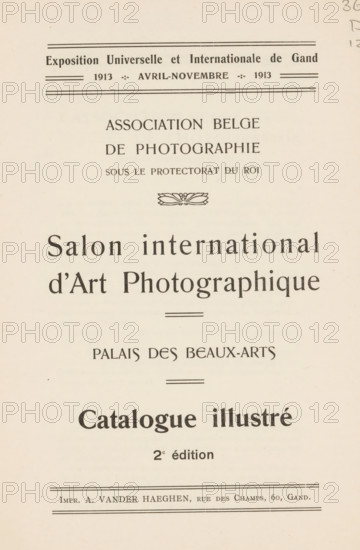 Salon international d'art photographique : Palais des beaux-arts : catalog illustré, book, date: 'NOV 1988', printer (person): A. vander Haeghen, Ghent, publisher: Association Belge de Photographie, Brussels, 1913, A. vander Haeghen, Association Belge de Photographie, printer (person), publisher, textile materials, paper, linen (material), printing, autotype, albumen print, height 218 mm x width 147 mm x thickness 7 mm, A cream-colored page with multiple lines of centered dark serif text and decorative horizontal rules, including a bold heading near the top, smaller uppercase lines beneath a small ornamental motif, a large title in mixed case occupying the central area, a medium-sized subtitle below separated by thin rules, and a partially visible line of small uppercase text near the bottom, all printed in black ink on slightly aged paper.