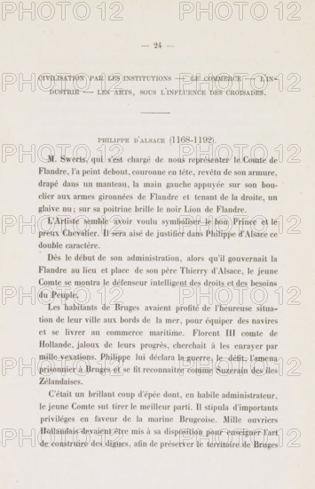Philippe d'Alsace, Photo reproduction of a drawing after a mural in the Aldermen's Hall in the Town Hall of Kortrijk, depicting Philip of Alsace, reproduction, page, photomechanical print, inscription: 'Civilization par les Institutions', cliché maker: anonymous, c. 1866 - in or before 1876, photographer, pasteboard, paper, Woodburytype, Woodburytypepie, height 129 mm x width 52 mm, Person, Filips van de Elzas, knight, A vertical page of printed text with a centered small decorative line and a small centered number near the top, followed by several lines of text set in a serif typeface with wider spacing toward the top and narrower lines toward the bottom, all on an off-white, slightly aged paper background that shows faint spots and subtle discoloration.