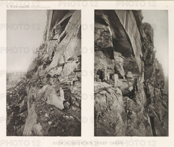 Ruin 11, Mountain Sheep Cañon, Two views of a ruined cliff dwelling in Mesa Verde National Park, page, photomechanical print, inscription: 'G. Nordenskiöld: Klippboningar.', number: 'V 1 2', photographer: Gustaf Nordenskiöld, Mesa Verde National Park, cliché maker: Librairies-Imprimeries Réunies (Ancienne Maison Quantin), Paris, c. 1891 - in or before 1893, North America, Colorado, paper, photoaquatint, height 270 mm x width 365 mm, Prints opposite page 36., ruin of a dwelling, house, castle, cave-dwelling, A grayscale photograph divided into two tall vertical panels shows a steep rocky cliff face with irregular stone ledges and deep crevices; the left panel features a sloping rock surface with scattered boulders and sparse vegetation clinging to narrow shelves, while the right panel displays a vertical overhang with layered rock strata and small constructed stone structures nestled into recesses near the base; the overall scene emphasizes rough textures of weathered rock, shadowed cav...