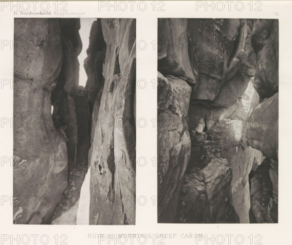 Two views of a ruined cliff dwelling in Mesa Verde National Park, Ruin 18, Mountain Sheep Cañon, page, photomechanical print, inscription: 'G. Nordenskiöld: Klippboningar.', number: 'VI 1 2', photographer: Gustaf Nordenskiöld, Mesa Verde National Park, cliché maker: Librairies-Imprimeries Réunies (Ancienne Maison Quantin), Paris, c. 1891 - in or before 1893, North America, Colorado, paper, photoaquatint, height 270 mm x width 365 mm, Prints opposite page 37., ruin of a dwelling, house, castle, cave-dwelling, A vertical split image showing two narrow photographic panels of a rocky canyon with steep, towering rock faces; the left panel displays a close view of textured, weathered rock walls with a narrow light-filled gap between them and scattered small stones at the base, while the right panel shows rugged rock surfaces with layered formations, shadowed recesses, and a stepped stone pathway or ledge partially illuminated by light coming through an opening.