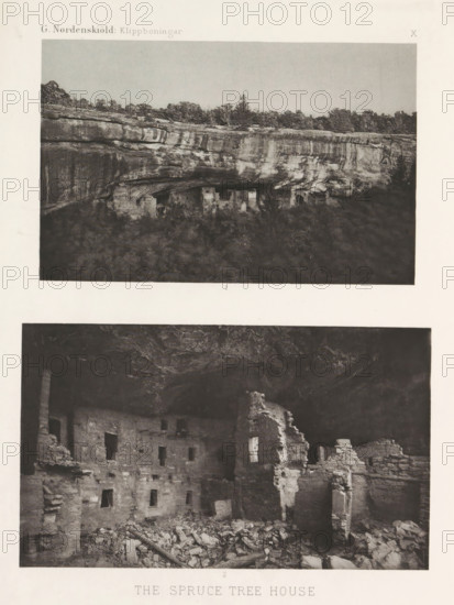 Two views of a cliff dwelling, Spruce Tree House, in Mesa Verde National Park, The Spruce Tree House, page, photomechanical print, inscription: 'G. Nordenskiöld: Klippboningar.', number: 'X 1 2', photographer: Gustaf Nordenskiöld, Mesa Verde National Park, cliché maker: Librairies-Imprimeries Réunies (Ancienne Maison Quantin), Paris, c. 1891 - in or before 1893, North America, Colorado, paper, photoaquatint, height 365 mm x width 270 mm, Prints opposite page 52., ruin of a dwelling, house, castle, cave-dwelling, A page with two black-and-white photographs stacked vertically separated by white space; the upper photograph shows a horizontal rock ledge with an overhang and a row of small rectangular ruins built into the recess beneath the rock, trees and vegetation sit atop the ledge and darker foliage fills the area below the ruins, while the sky above is light and empty; the lower photograph shows the interior face of a multi-level stone ruin with rectangular openings of various sizes i...