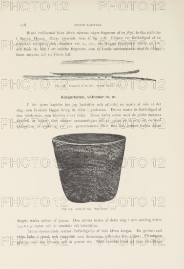 Korg af vide. Step House, Basket of willow branches found in Mesa Verde National Park, page, photomechanical print, number: 'Fig. 119.', photographer: Gustaf Nordenskiöld (possibly), Mesa Verde National Park, cliché maker: Angerer & Göschl, C., Vienna, c. 1891 - in or before 1893, North America, Lower Austria, Colorado, paper, autotypie, height 75 mm x width 80 mm, container made of plant material other than wood: basket, A page from an old book showing printed paragraphs and two detailed black-and-white illustrations: near the top there are three slender, elongated wood fragments drawn horizontally with fine shading and small drilled holes, and below them a larger, textured woven basket shown from the rim down with dense crosshatched shading indicating its woven surface; the layout includes headings and body text above and below the images on aged, cream-colored paper.
