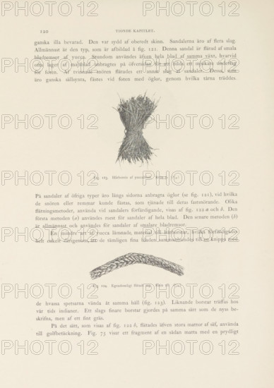 Hårborste af yucca leaf. Ruin 9, Brush or broom of Yucca leaves found in the Mesa Verde National Park, page, photomechanical print, number: 'Fig. 123.', photographer: Gustaf Nordenskiöld (possibly), Mesa Verde National Park, cliché maker: Angerer & Göschl, C., Vienna, c. 1891 - in or before 1893, North America, Lower Austria, Colorado, paper, autotypie, height 60 mm x width 40 mm, shrubs: broom, A faded page with a central vertical drawing of a tied bundle of thin, strawlike fibers with frayed ends, a smaller curved braided rope illustration below, and multiple blocks of printed text above, beside, and below the images, all on an off-white background.