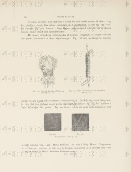 Fragment of a patterned fabric found in Mesa Verde National Park, Extract from the sample. Mug House, page, photomechanical print, number: 'Fig. 130.', photographer: Gustaf Nordenskiöld (possibly), Mesa Verde National Park, cliché maker: Angerer & Göschl, C., Vienna, c. 1891 - in or before 1893, North America, Lower Austria, Colorado, paper, autotypie, height 100 mm x width 80 mm, textile fabric, cloth, The image shows an aged, cream-colored page with printed paragraphs and several small detailed illustrations; near the center are two vertical hand-drawn sketches depicting a fluffy bundle with tied cords and a twisted, fur-wrapped cord, and below them are two square swatches filled with dense, dark textured shading; the page has wide margins and a faint crease near the top left.