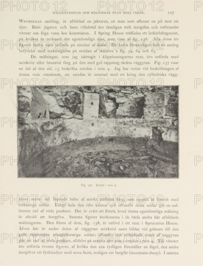 Estufa i ruin 9, View of a ruined cliff dwelling in Mesa Verde National Park, page, photomechanical print, number: 'Fig. 137.', photographer: Gustaf Nordenskiöld (possibly), Mesa Verde National Park, cliché maker: Angerer & Göschl, C., Vienna, c. 1891 - in or before 1893, clichémaker, North America, Lower Austria, Colorado, paper, autotypie, height 89 mm x width 155 mm, ruin of a dwelling, house, castle, cave-dwelling, A faded black-and-white photograph of a stone wall and floor set within a rectangular frame, showing rough textured rock faces, irregular stone blocks, and layered horizontal ledges; the floor area in front appears uneven and debris-strewn, with lighter and darker patches across the surface; the framed photograph is surrounded by a light page with printed text above and below, and a small caption beneath the image.