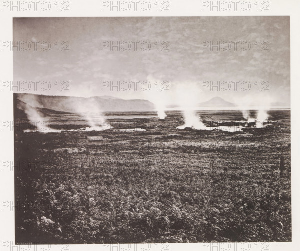 View of geysers along Lake Taupo, page, photomechanical print, photographer: Daniel Louis Mundy, New Zealand, cliché maker: anonymous, United Kingdom, c. 1865 - c. 1875, paper, collotype, autotype, height 202 mm x width 246 mm, lake, volcano, hot spring, geyser, A wide monochrome landscape showing a textured foreground of low vegetation, a midground with patches of steaming vents rising into the air, and a distant horizon of flat land and low hills under a cloudy sky.