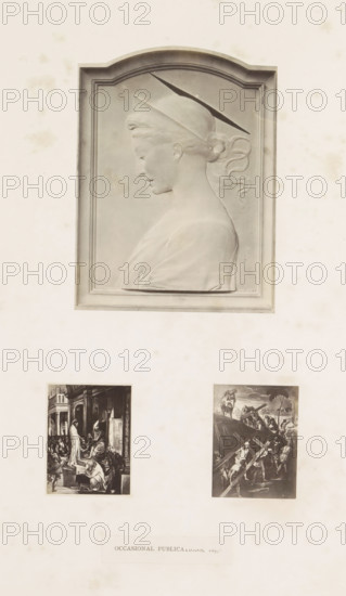 Three photographic reproductions of a publication by the Arundel Society with a relief and two paintings by Tintoretto, photograph, reproduction, page, inscription: 'Occasional publications, 1857', after painting by Domenico Tintoretto, after sculpture by anonymous, c. 1859 - in or before 1869, photographer, after sculpture by, paper, albumen print, height 378 mm x width 290 mm, book, Christ, sculpture (relief, sculpture), A rectangular relief panel with an arched top shows a profile of a female figure facing left, depicted from the shoulders up with hair pulled back into a bun and a ribboned curl trailing behind; the figure wears a hat with a long, thin brim and draped clothing, all rendered in a monochrome stone-like texture and set within a simple recessed frame. Below the relief, two smaller rectangular prints are mounted side by side on the page, each showing crowded figurative scenes in contrasting dark tones; the left print depicts an interior scene with standing and seated figu...