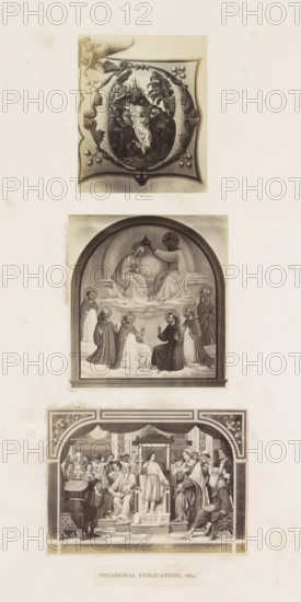 Three photographic reproductions of a publication by the Arundel Society with paintings and a miniature, photograph, reproduction, page, inscription: 'occasional publications, 1864.', after painting by anonymous, c. 1859 - in or before 1869, photographer, paper, albumen print, height 378 mm x width 290 mm, book, painting (including book-illumination, miniature-painting), A vertical arrangement of three framed grayscale illustrations on a pale background, the top one showing an ornate rounded-square frame with decorative foliage and an angel figure at the corner surrounding a central scene of robed figures and a cityscape, the middle one an arched panel depicting seated haloed figures on a raised cloud area with other robed figures kneeling or standing below, and the bottom one a rectangular scene set within an ornate architectural border showing a group of people gathered around a central standing figure on a raised platform, all three images rendered in a detailed classical engraving ...