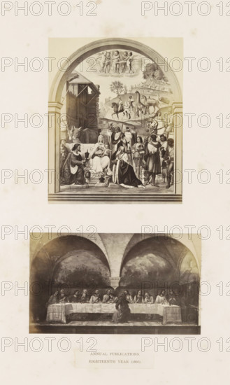 Two photo reproductions of a publication by the Arundel Society with paintings, photograph, reproduction, page, inscription: 'annual publications, eighteenth year (1866).', after painting by anonymous, c. 1859 - in or before 1869, photographer, paper, albumen print, albumendruk, height 378 mm x width 290 mm, book, adoration of the Christ-child, Christ's birth, painting (including book-illumination, miniature-painting), the episode of the Last Supper, A vertical print featuring two framed scenes stacked one above the other on a pale background, the upper scene set within an arched architectural frame showing a group of figures gathered around a central seated woman holding an infant, attendants and kneeling visitors presenting vessels, animals including oxen and horses visible behind them, a rustic structure to one side, a landscape with riders and distant hills above, and cherubic figures in a cloud near the top of the arch; the lower scene shows a long table beneath a vaulted ceiling ...
