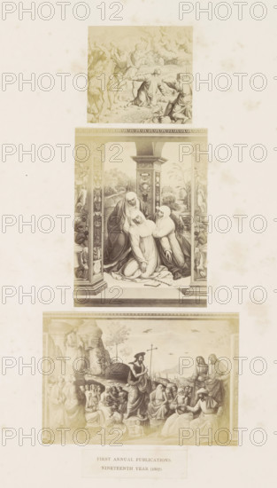 Three photographic reproductions of a publication by the Arundel Society with paintings by Raphael, photograph, reproduction, page, inscription: 'occasional publications, 1866.', after painting by Raphael, c. 1859 - in or before 1869, photographer, paper, albumen print, height 378 mm x width 290 mm, the Annunciation: Mary kneeling, book, painting (including book-illumination, miniature-painting), A tall pale sheet showing three framed sepia-toned scenes stacked vertically, each with detailed figures and architectural elements; the top scene depicts several robed figures in dynamic poses with arms raised and a few clouds or cherubs above, the middle scene shows three veiled women in an ornate architectural setting with columns and decorative panels surrounding them, and the bottom scene portrays a seated crowd gathered around a central standing figure holding a staff with distant landscape and buildings behind them, the paper around the scenes showing light age spots and smudges.