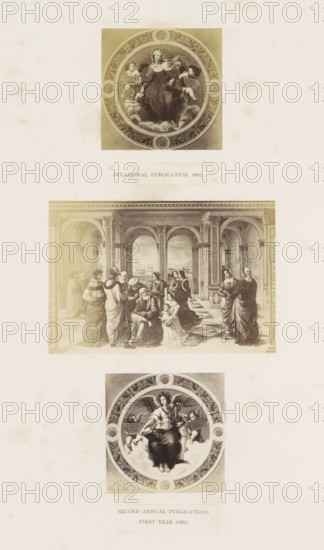 Three photographic reproductions of a publication by the Arundel Society with paintings and a print after Raphael, photograph, reproduction, page, inscription: 'first annual publications. nineteenth year (1867).', after painting by anonymous, after print by Raphael, c. 1859 - in or before 1869, Raphael, photographer, after print by, paper, albumen print, height 378 mm x width 290 mm, book, painting (including book-illumination, miniature-painting), printed matter, A vertical sheet showing three separate framed illustrations stacked with space between them on a pale background with scattered foxing spots, the top and bottom illustrations are circular medallion-style images with ornate decorative borders containing seated female figures surrounded by cherubic children and clouds, the middle illustration is a rectangular classical interior scene with arched colonnades opening to a distant landscape and groups of robed figures gathered and interacting on a patterned floor, faint rectangula...