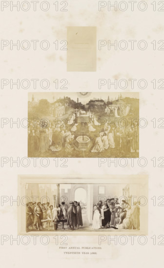 Three photo reproductions of a publication by the Arundel Society with frescoes by Rafael and Ghirlandaio, photograph, reproduction, page, inscription: 'second annual publications. first year (1967).', after painting by Rafaël, after painting by Domenico Ghirlandaio, c. 1859 - in or before 1869, photographer, paper, albumen print, albumendruk, height 378 mm x width 290 mm, book, painting (including book-illumination, miniature-painting), A vertical sheet with three framed images arranged top to bottom on a pale, mottled background, the top area showing a small rectangular plate with faint printing, the middle area featuring a wide horizontal sepia-toned scene of many robed figures gathered around an altar and a fountain in a meadow with distant trees and buildings, the lower framed scene depicting an interior classical setting with columns and an arched doorway where groups of people in historical dress interact around a central table or platform, and below that a rectangular label pan...