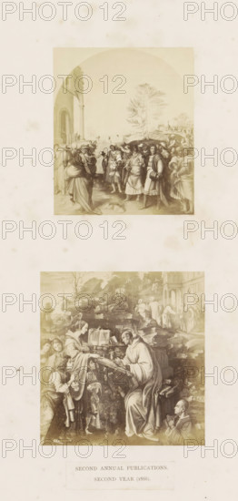 Three photo reproductions of a publication by the Arundel Society with paintings by Jan van Eyck and Masaccio, photograph, reproduction, page, inscription: 'first annual publications. twentieth year (1868).', after painting by Jan van Eyck, after painting by Masaccio, c. 1859 - in or before 1869, photographer, paper, albumen print, albumendruk, height 378 mm x width 290 mm, book, painting (including book-illumination, miniature-painting), A vertical print containing two framed sepia-toned scenes on a pale, spotted background. The upper scene shows a group of robed figures gathered near an arched building entrance and a tall tree; several people wear cloaks and head coverings, some stand in small clusters, and a few figures appear on distant steps and a hillside. The lower scene depicts a seated robed man reading or writing at a lectern surrounded by standing figures, including women and children who lean in toward him, open books and scattered papers on a rocky setting, and additional ...
