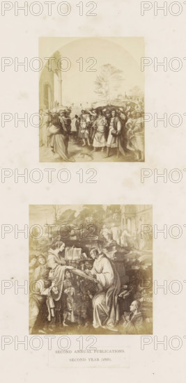 Two photo reproductions of a publication by the Arundel Society featuring a painting by Filippino Lippi, photograph, reproduction, page, inscription: 'second annual publications. second year (1868).', after painting by Filippino Lippi, after painting by Andrea del Sarto, c. 1859 - in or before 1869, photographer, paper, albumen print, albumendruk, height 378 mm x width 290 mm, book, painting (including book-illumination, miniature-painting), A tall, pale page shows two separate rectangular vignette images stacked vertically with generous blank margins; the upper vignette depicts a group of robed figures standing and conversing near an arched building entrance with a column and a treeed landscape in the background, while the lower vignette shows a seated robed figure at a lectern surrounded by standing and kneeling figures, some holding books and papers, set against a rocky outdoor scene with additional figures and architectural elements in the distance.