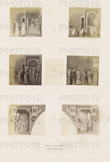 Seven photo reproductions of a publication by the Arundel Society with prints after Giotto, photograph, reproduction, page, inscription: 'Annual publications., Annual publications. Fifth year(1853).', after print by anonymous, after painting by Giotto de Bondone, Italy, c. 1859 - in or before 1869, photographer, after print by, paper, albumen print, albumendruk, height 378 mm x width 290 mm, book, illustration, printed matter, A pale sheet with a grid of small framed grayscale illustrations showing groups of robed figures interacting in architectural settings fills the image; the top row has two square vignettes with figures gathered around a raised platform under an arched canopy, the middle row contains two larger square scenes of standing and kneeling figures flanking a central blank rectangle, the lower central area shows two semicircular corner illustrations depicting a kneeling angel figure in an interior on the left and a seated robed figure in an interior on the right, and the ...
