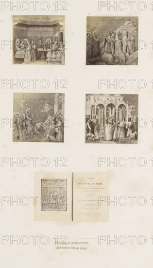 Five photo reproductions of a publication by the Arundel Society with prints after Giotto and reliefs in ivory, photograph, reproduction, page, inscription: 'Annual publications., Annual publications. Seventh year (1855).', after print by anonymous, after painting by Giotto de Bondone, Italy, c. 1859 - in or before 1869, photographer, after print by, paper, albumen print, albumendruk, height 378 mm x width 290 mm, book, illustration, printed matter, A large sheet with a pale background contains four square illustrations arranged in a grid near the top, each depicting groups of robed figures in architectural or outdoor settings; the upper left shows a long table with jars and seated figures under a decorative canopy, the upper right shows standing and kneeling figures on rocky ground with a reclining figure in the foreground, the lower left shows a central figure on a donkey approached by surrounding figures near buildings and trees, and the lower right shows figures gathered before an ...