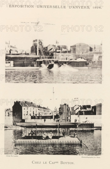 Two views of a water ramp during the world exhibition in Antwerp, Chez le Capne Boyton, page, photomechanical print, photographer: Th. Lantin, Antwerp, cliché maker: Joseph Maes, 1894, paper, collotype, light printing, height 360 mm x width 260 mm, pleasure fair and circus, river, A vertically oriented print showing two photographic scenes one above the other separated by blank space, each depicting a waterfront area with docks and buildings. The upper scene shows a body of water in the foreground with rippling reflections, a pair of boats creating splashes near a central ramp or slide that angles down toward the water, flagpoles and small structures along the waterline, and a row of multi-story buildings and industrial-looking structures behind. The lower scene shows a floating platform or covered pier with figures seated and standing under a canopy at the water’s edge, a calm water surface in front, and behind it a raised wooden ramp or slide flanked by buildings, flagpoles, and more...