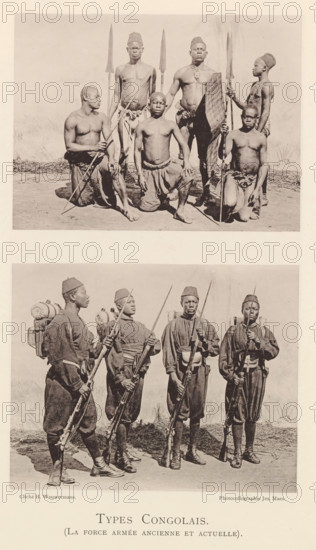 Types Congolais (La force armée ancienne et actuelle), Two group portraits of Congolese men with spears and shields and in uniform with guns, page, photomechanical print, photographer: Th. Lantin, Antwerp, cliché maker: Joseph Maes, 1894, paper, collotype, photoprint, height 360 mm x width 260 mm, (military) uniforms, firearms: rifle, anonymous historical persons depicted in a group, in a group-portrait, casting weapons: spear, A vertically split image shows two separate sepia-toned group portraits placed one above the other. The upper scene depicts a group arranged in a loose semicircle on bare ground with a faint textured backdrop; some figures are standing while others are kneeling, most are shirtless, wearing simple lower garments, and several hold long spears and a tall, elongated shield with a patterned surface; headwear varies with a few rounded caps visible, and the expressions are neutral. The lower scene shows a row of four standing figures on similar ground and backdrop, all...
