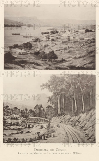 Diorama du Congo, Two photo reproductions of paintings depicting a view of Matadi and the railway line near Mpozo, reproduction, page, photomechanical print, inscription: 'La ville, M'Pozo.', photographer: Th. Lantin, Antwerp, cliché maker: Joseph Maes, after painting by Robert Mols, after painting by Piet van Engelen, 1894, Th. Lantin, Joseph Maes, Robert Mols, Piet van Engelen, photographer, cliché maker, after painting by, paper, collotype, photoprint, height 362 mm x width 260 mm, city-view in general, 'veduta', railway, train, Matadi, A vertically split image showing two sepia-toned landscape scenes, the upper scene depicting a coastal settlement on sloping terrain with clustered buildings of varying sizes, trees scattered among the structures, a shoreline with several anchored ships and small boats on calm water, and distant hills fading into the background; the lower scene showing a riverside landscape with a metal truss bridge crossing a flowing river, a dirt track or rail line...