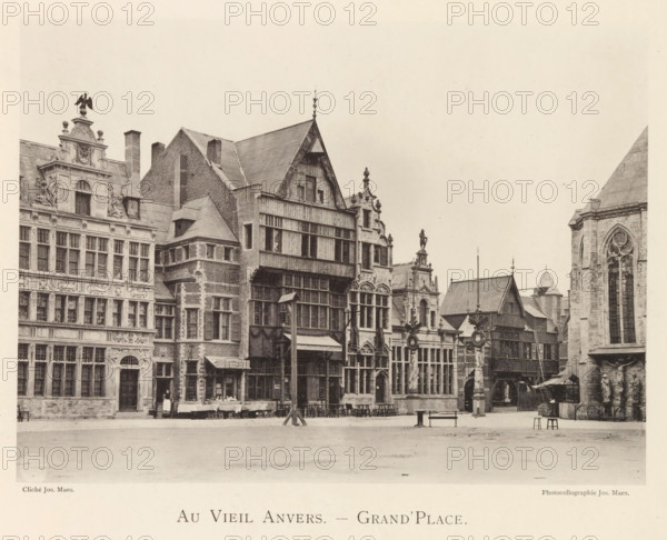 Au vieil Anvers - Grand'Place, View of the Grote Markt in Antwerp, page, photomechanical print, photographer: Th. Lantin, Grote Markt (Antwerp), printer (person): Joseph Maes, c. 1890 - in or before 1894, Th. Lantin, Joseph Maes, photographer, printer (person), Antwerp, paper, collotype, photogravure, height 160 mm x width 215 mm, square, circus, façade (of house or building), A row of ornate stone and brick buildings with tall windows and decorative façades fills the middle of the image, featuring steep gabled roofs, chimneys, carved stone details, and a variety of window styles, with one building showing exposed timber framing and shutters. In front of the buildings a paved open square stretches across the foreground with a few benches and simple wooden tables set up near the buildings, and a small canopy or awning over a doorway. Several sculpted figures and ornamental columns rise from the building tops and near the square, and a large church-like structure with a tall arched windo...