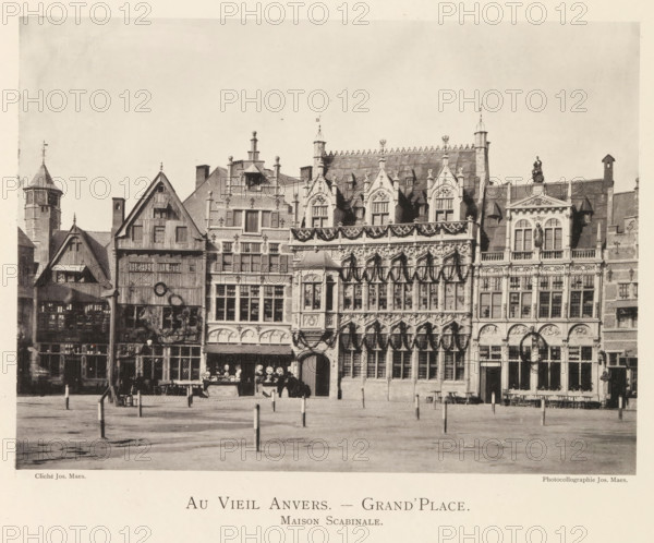 View of the Grote Markt in Antwerp, Au vieil Anvers - Grand'Place. Maison Scabinale, page, photomechanical print, photographer: Th. Lantin, Grote Markt (Antwerp), printer (person): Joseph Maes, c. 1890 - in or before 1894, Th. Lantin, Joseph Maes, photographer, printer (person), Antwerp, paper, collotype, photogravure, height 160 mm x width 220 mm, square, circus, façade (of house or building), A row of ornate historical buildings with varied rooflines and decorative façades facing an open paved square, showing tall narrow windows, carved stone ornamentation, pointed gables, and a mixture of timber and masonry construction; one building features a balcony and sculpted figures, another displays a series of arched doorways and an ornate upper story with patterned stonework, while smaller shopfronts with display windows and awnings occupy the ground level beneath the larger architectural details; the foreground shows a mostly empty plaza with short posts set into the pavement and a few in...
