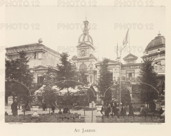 Au jardin, Garden on the grounds of the world exhibition in Antwerp, page, photomechanical print, photographer: Th. Lantin, Antwerp, printer (person): Joseph Maes, c. 1890 - in or before 1894, printer (person), paper, collotype, photoprint, height 159 mm x width 218 mm, garden, facade (of house or building), A wide sepia-toned street scene showing an ornate row of classical buildings with decorative facades, a central tower topped by a domed metal structure and a small lantern, flags on tall poles, and trees partially obscuring the lower parts of the buildings, with outdoor seating and people gathered in the foreground.