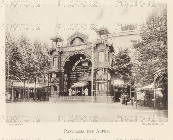 Exterior of the Panorama des Alpes at the world exhibition in Antwerp, Panorama des Alpes, page, photomechanical print, photographer: Th. Lantin, Antwerp, printer (person): Joseph Maes, c. 1890 - in or before 1894, printer (person), paper, collotype, photoprint, height 159 mm x width 220 mm, facade (of house or building), world fair, world exhibition, A sepia-toned photograph of a decorative wooden façade with ornate carvings, archways, and turrets surrounded by trees, with a striped awning over an entrance and several women standing on the front steps, a group of people gathered near a small signboard to the right, rows of outdoor seating and lamp strings visible to the left, and a blurred figure walking on the far right.