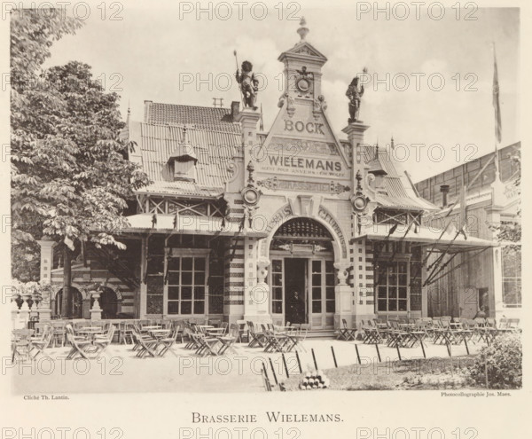 Exterior of Brasserie Wielemans in Antwerp, Brasserie Wielemans, page, photomechanical print, photographer: Th. Lantin, Antwerp, printer (person): Joseph Maes, c. 1890 - in or before 1894, printer (person), paper, collotype, photoprint, height 163 mm x width 220 mm, restaurant, facade (of house or building), A wide facade of an ornate building with decorative architectural details occupies the center, featuring a stepped gable with sculpted figures on its upper edges and medallion-like circular ornaments, flanked by turrets and a tiled roof with dormer windows; in front of the entrance there is an arched doorway with columns and a small covered terrace extending on either side, beneath which rows of folding chairs and small tables are arranged across a paved area; to the left a large leafy tree partially obscures the building and casts shade, while to the right a tall flagpole and a wooden fence-like structure rise beside the structure; the scene is captured in a sepia-toned photograph...