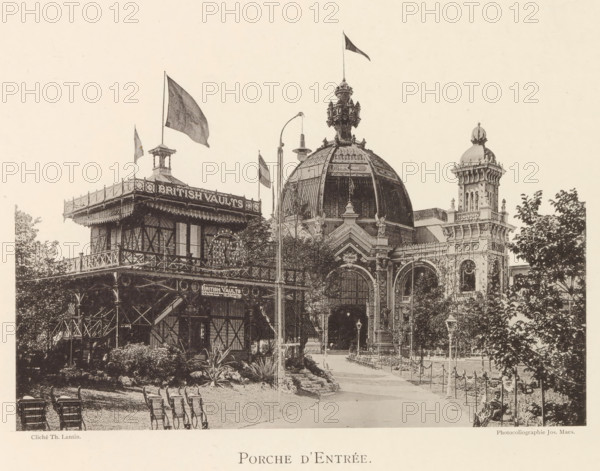 Entrance gate, Exterior of the entrance portal of the World Exhibition in Antwerp, page, photomechanical print, photographer: Th. Lantin, Antwerp, printer (person): Joseph Maes, 1894, printer (person), paper, collotype, photogravure, height 153 mm x width 218 mm, gate, entrance, world fair, world exhibition, A sepia-toned image of an ornate building façade featuring a domed central structure with decorative sculptural elements and an arched entrance, flanked by a tower with a rounded top and a multi-level pavilion with balconies and railings; flags fly atop poles and a tall lamp post stands near the dome; in front there is a paved path lined with short posts and chains, lampposts, planted shrubs and trees, and several rows of empty chairs on a grassy area.