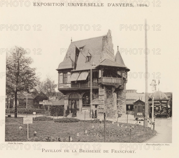 Pavilion of the Frankfurter Bierhaus at the World Exhibition in Antwerp, Pavillon de la brasserie de Francfort, page, photomechanical print, photographer: Th. Lantin, Antwerp, printer (person): Joseph Maes, 1894, printer (person), paper, collotype, photogravure, height 163 mm x width 215 mm, restaurant, façade (of house or building), world fair, world exhibition, A sepia-toned photograph of a multi-story stone and timber pavilion with steep shingled roofs, decorative gables, and a corner turret featuring a conical roof and a balcony supported by rough stone piers; a flag hangs from a pole attached to the upper story and awnings shade the balcony and windows; a grassy foreground with low hedges, stringed lights on posts, and a small signpost leads toward the building, while trees stand to the left and additional smaller structures and kiosks appear to the right and rear.