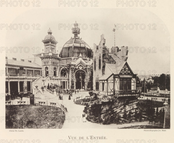 View of the entrance portal of the world exhibition in Antwerp, Vue de l'entrée, page, photomechanical print, photographer: Th. Lantin, Antwerp, printer (person): Joseph Maes, 1894, Th. Lantin, Joseph Maes, photographer, printer (person), paper, collotype, photoprint, height 159 mm x width 219 mm, facade (of house or building), gate, entrance, world fair, world exhibition, A sepia-toned photograph of an ornate entrance featuring a large domed pavilion with decorative arches and sculptural details, flanked by a tall tower with a crowned dome and a partially ruined stone structure with a flagpole. In front of the domed building a broad staircase with balustrades leads down to a courtyard where small groups of people are walking and standing. To the right a timber-framed building sits atop a rocky outcrop with visible beams and patterned window shutters. In the foreground a curved path runs past grassy areas and fenced beds, and a row of outdoor chairs and a lamppost are visible near the ...
