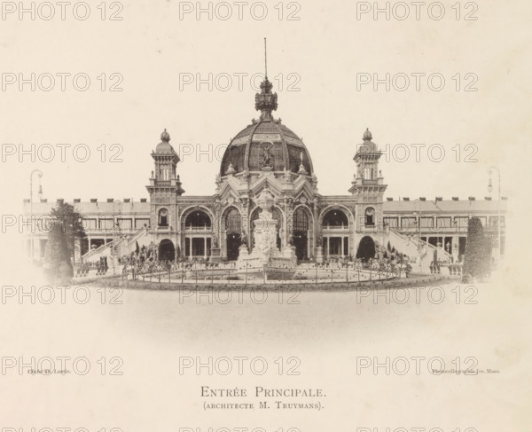 Exposition universelle d'Anvers, 1894, book, photographer: various manufacturers, cliché maker: Joseph Maes, various manufacturers, Joseph Maes, photographer, cliché maker, textile materials, pasteboard, paper, linen (material), printing, collotype, veined marbled paper, height 271 mm x width 375 mm x thickness 40 mm, A wide frontal view of a grand ornate building with a large central dome topped by a decorative finial and flanked by symmetrical towers, each with domed caps and sculptural details; the facade shows arched entrances, columns, balconies, and intricate carvings, with a prominent sculpted fountain and ornamental statues positioned in front of the central entrance and a low fenced pool surrounding it; landscaped elements including trimmed trees and bushes appear at the sides, and a pair of curved street lamps stand near the outer edges of the composition; the image has a faded, sepia-toned appearance.