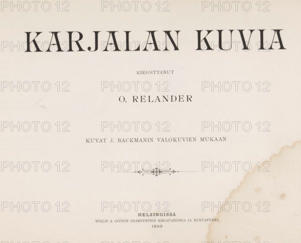 Karjalan kuvia, book, inscription: 'SEPT, 1995', photographer: Impi Backman, writer (clerical worker): Oskar Relander, printer (person): Weilin & Göös, Helsinki, c. 1893, writer (clerical worker), printer (person), pasteboard, paper, textile materials, printing, autotype, height 249 mm x width 342 mm x thickness 12 mm, A mostly blank off-white page with large dark serif shapes across the top, smaller dark serif lines and decorative flourishes centered lower on the page, and a scalloped brownish stain along the right edge with several small circular spots nearby.